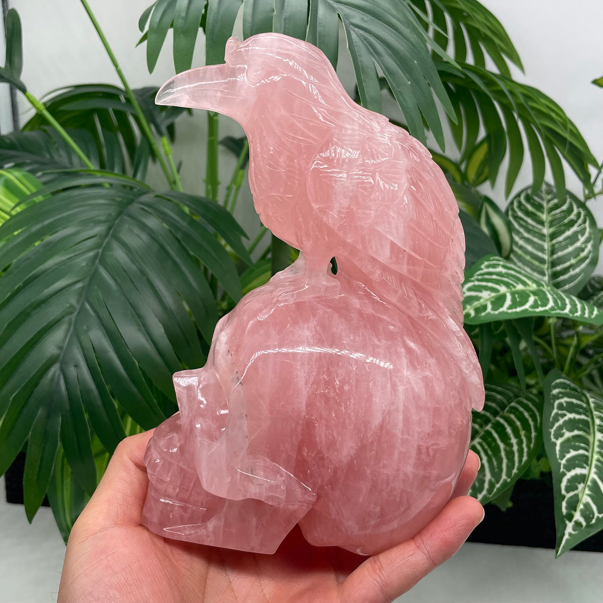 Rose Quartz Crystal Skull with Raven of Wisdom - The Stone of Love Meets Magic