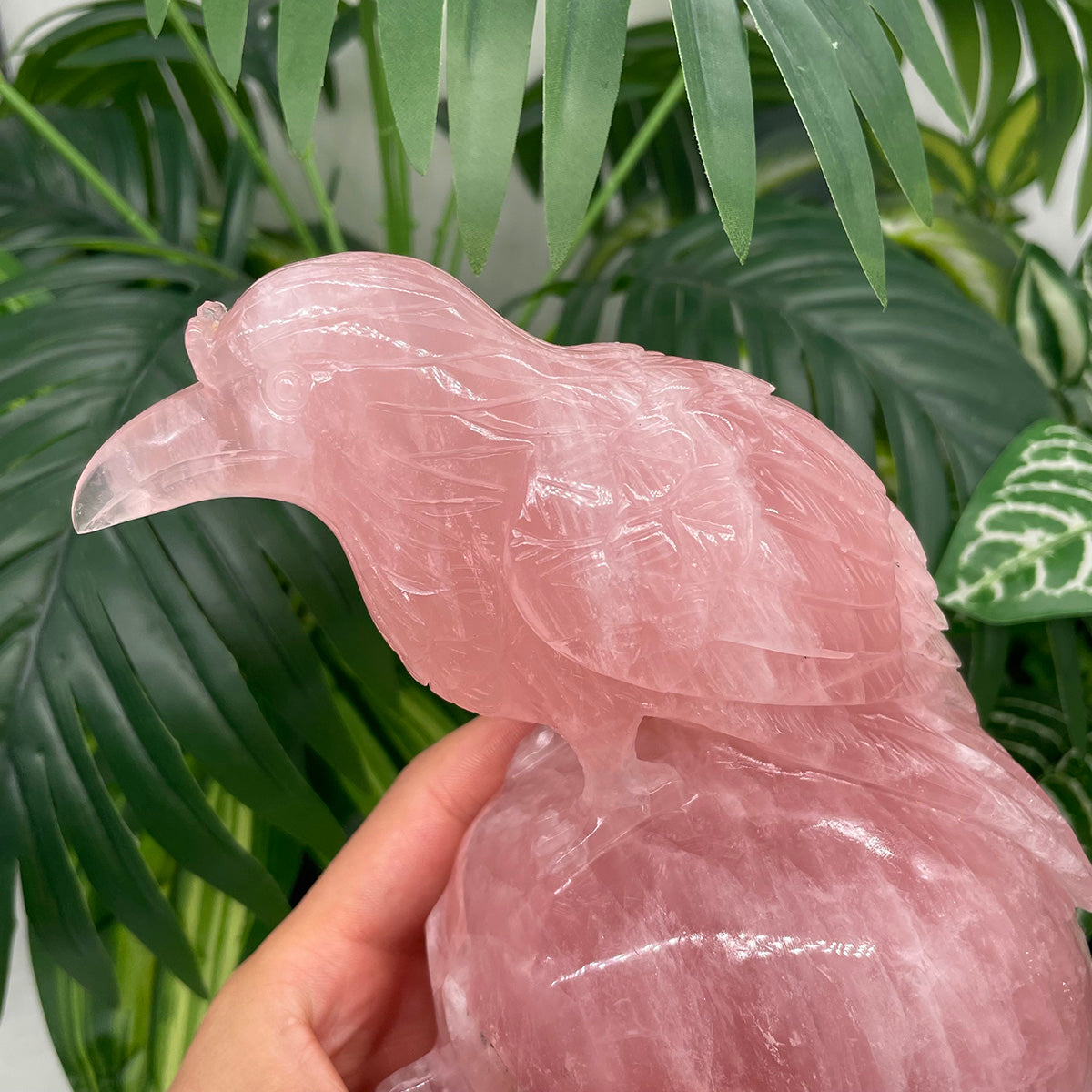 Rose Quartz Crystal Skull with Raven of Wisdom - The Stone of Love Meets Magic
