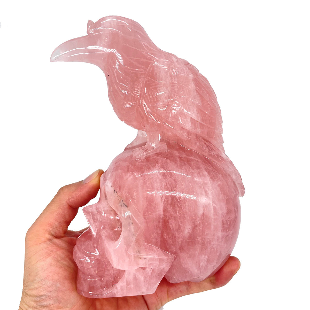 Rose Quartz Crystal Skull with Raven of Wisdom - The Stone of Love Meets Magic