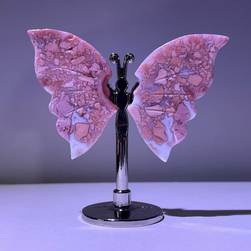 Hand-Carved Cotton Candy Agate Butterfly | Crystal Figurine with Metal Stand