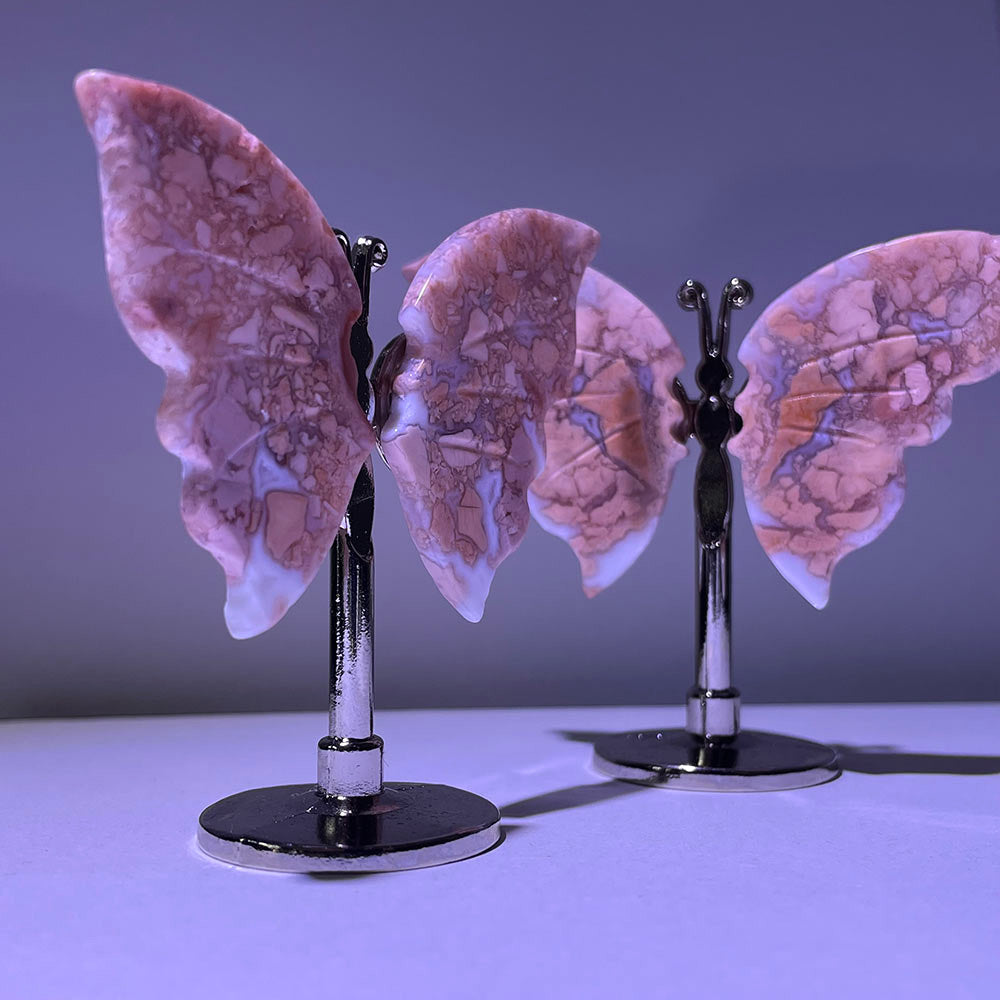 Hand-Carved Cotton Candy Agate Butterfly | Crystal Figurine with Metal Stand