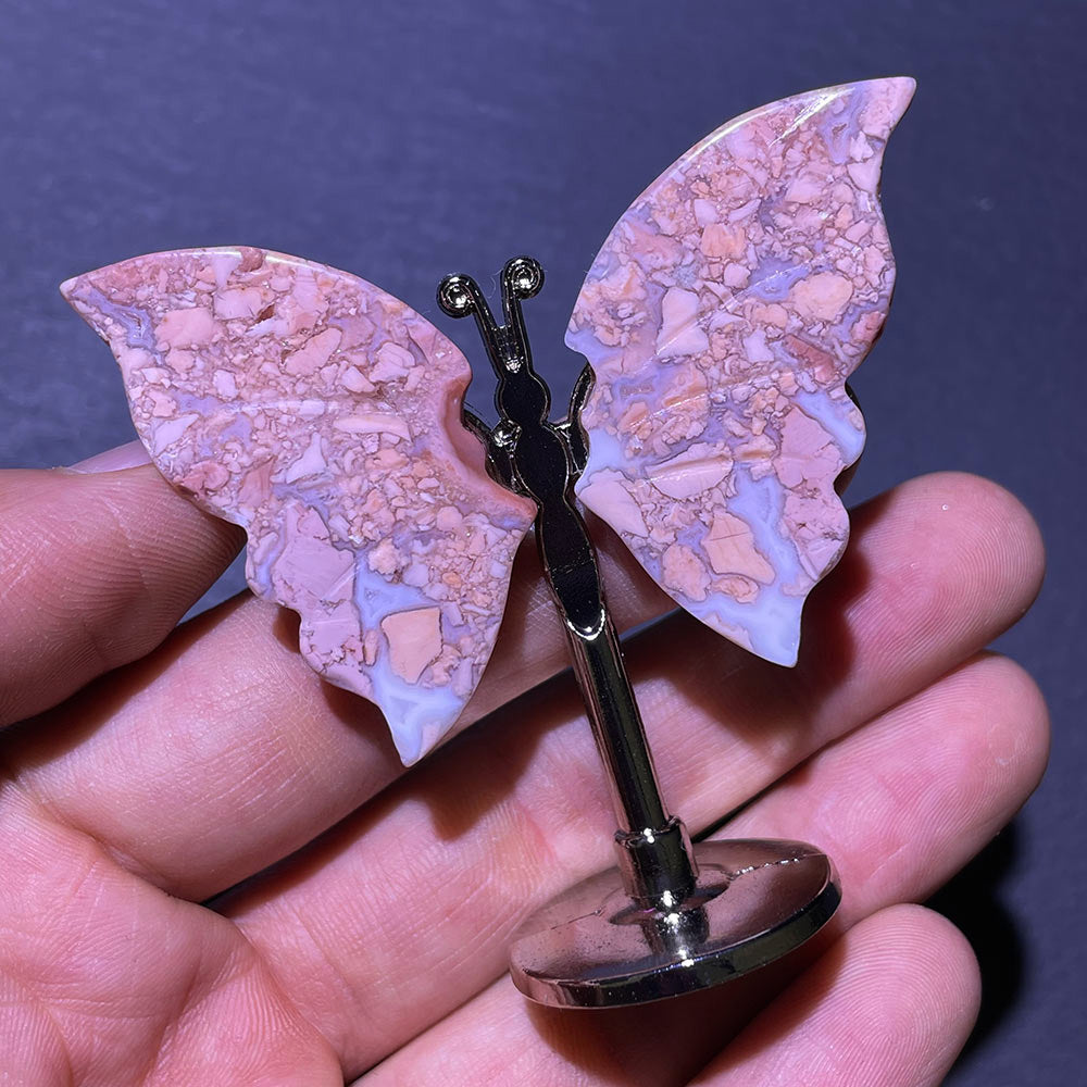 Hand-Carved Cotton Candy Agate Butterfly | Crystal Figurine with Metal Stand