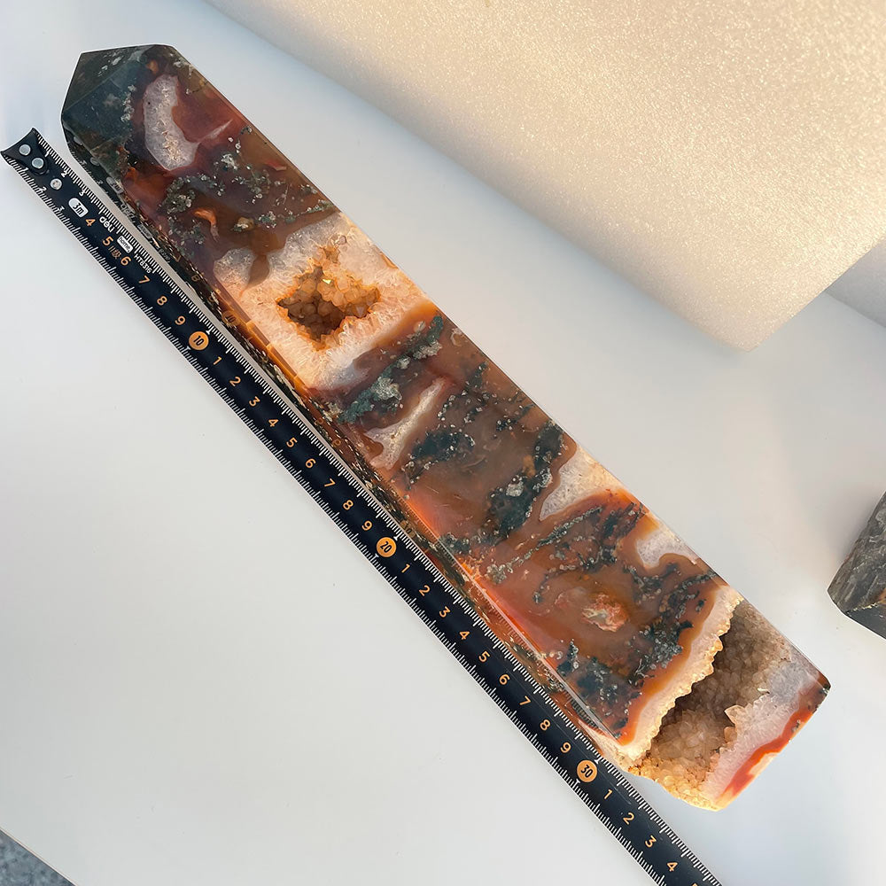 Pair of Large Red Moss Agate Towers with Druzy – Natural Stone Obelisks (33cm & 28cm)