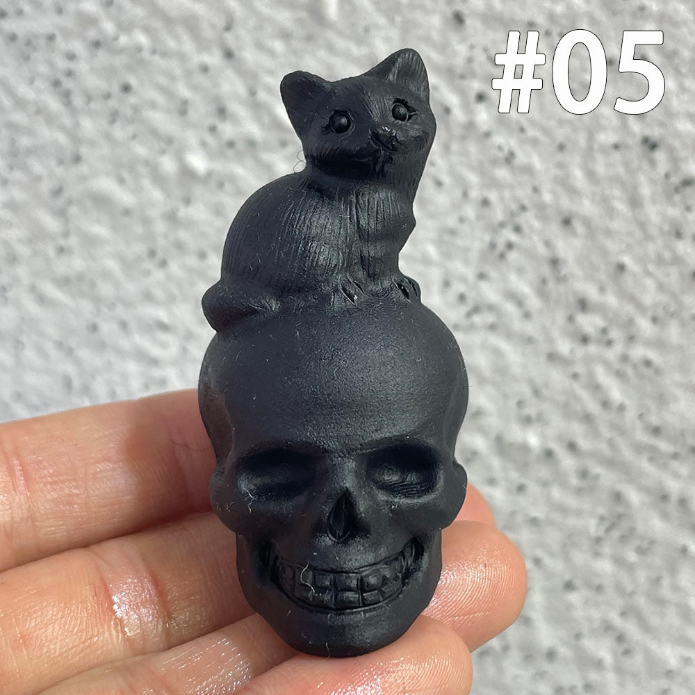Crystal Skull with Animal Totem | Black Obsidian Carving