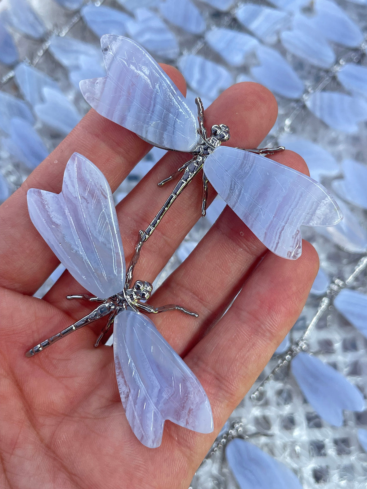 Elegant Dragonfly Ornament with Polished Blue Lace Agate Wings