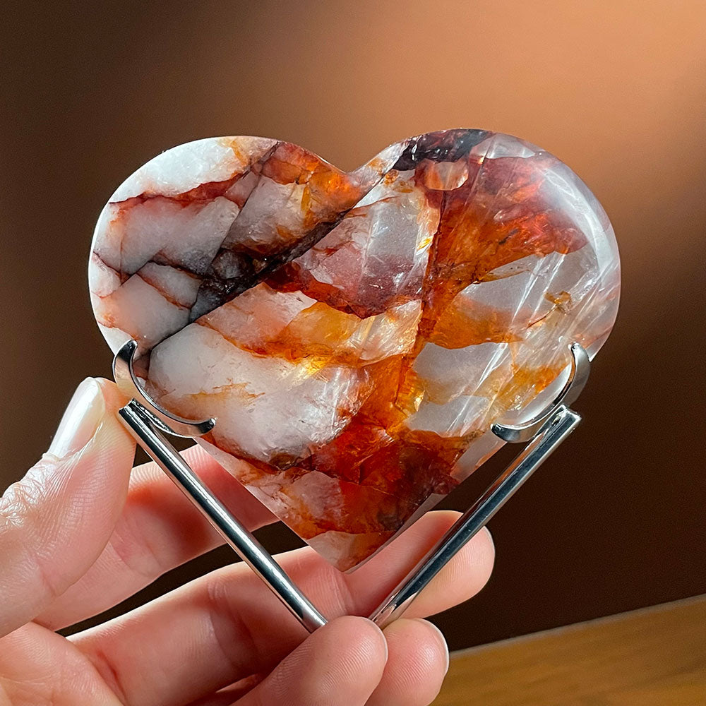 Natural Fire Quartz Heart with Stand - Red Hematoid Crystal