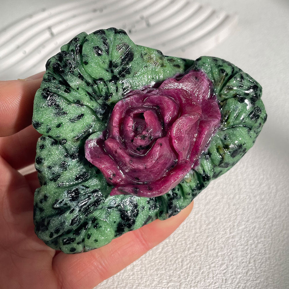 Exact Piece: Hand-Carved Ruby in Zoisite Rose Sculpture (Anyolite)