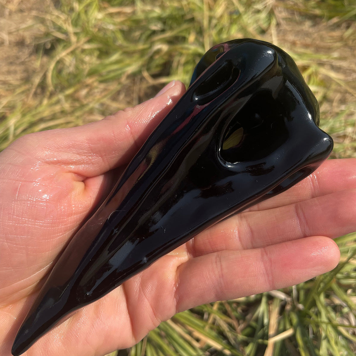 Hand-Carved Black Obsidian Raven Skull | Natural Crystal Protection Stone