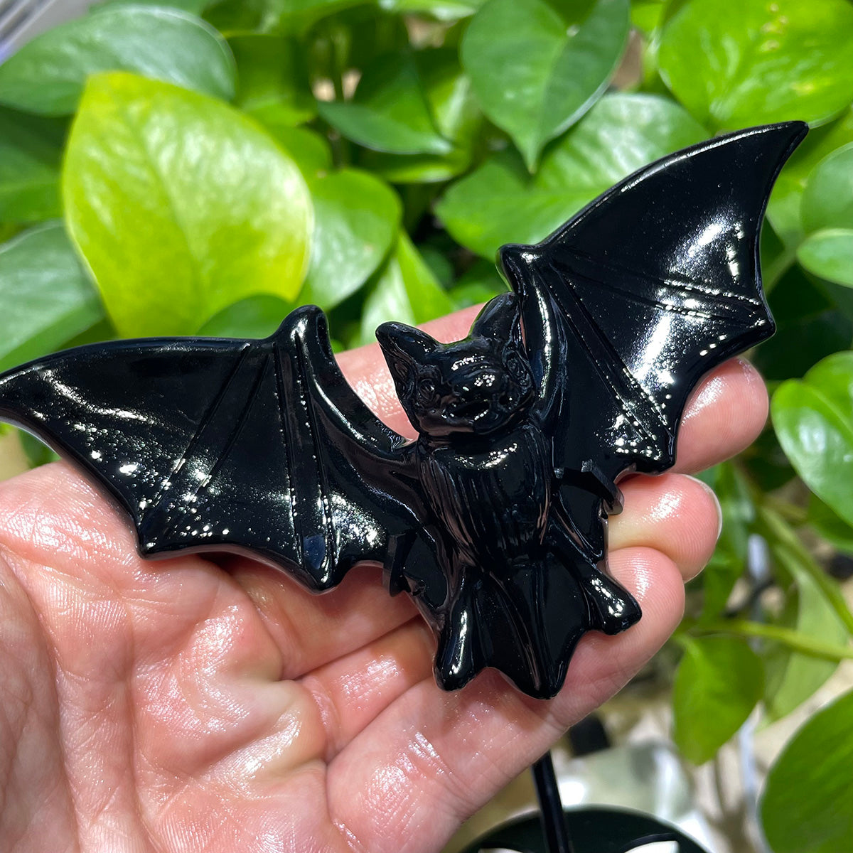 Nocturnal Guardian - Black Obsidian Bat Statue with Stand