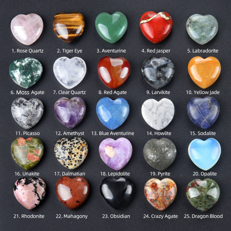 An identification chart showing 25 different types of crystal hearts with their names, such as Rose Quartz and Amethyst.