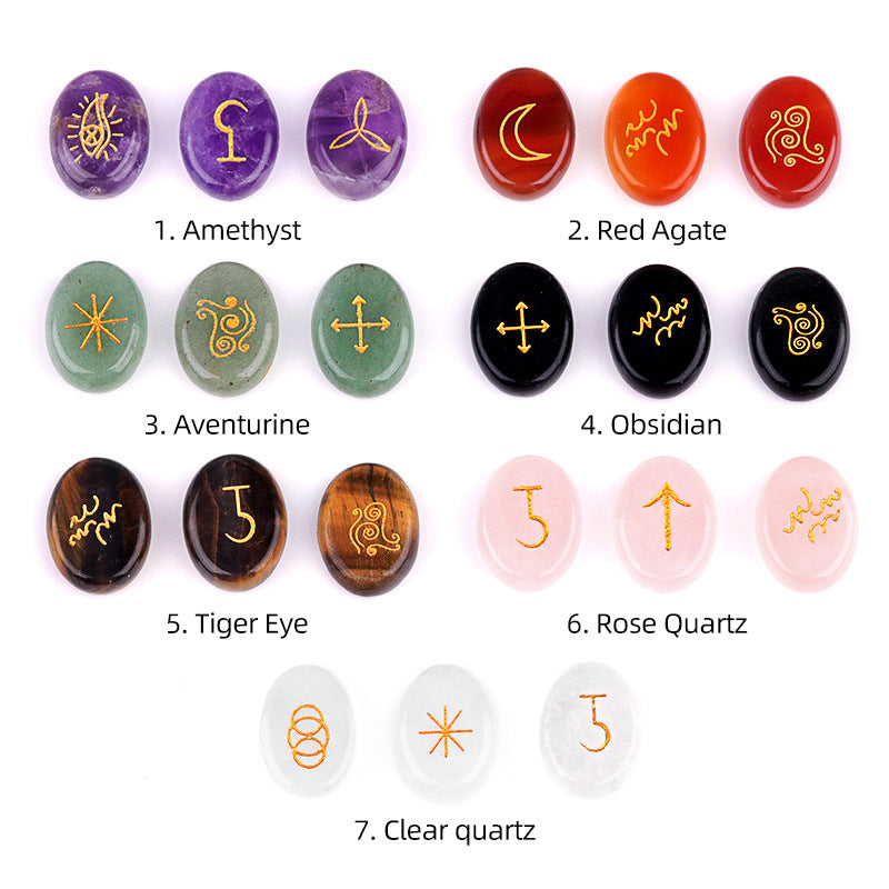 An identification chart showing seven types of crystal Witch's Runes, including Amethyst, Obsidian, and Rose Quartz