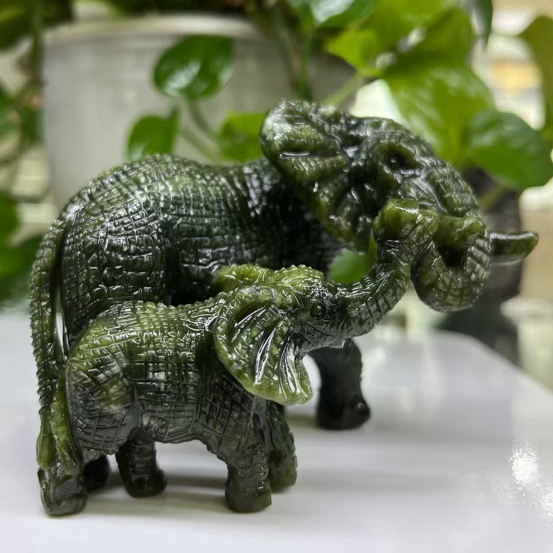 Hand-Carved Elephant Family in Serpentine or Yooperlite