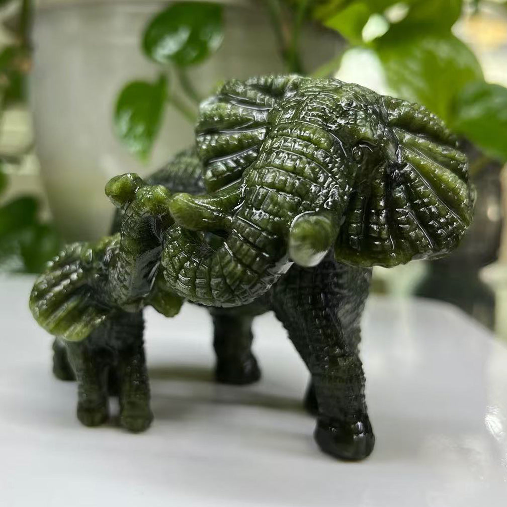 Hand-Carved Elephant Family in Serpentine or Yooperlite