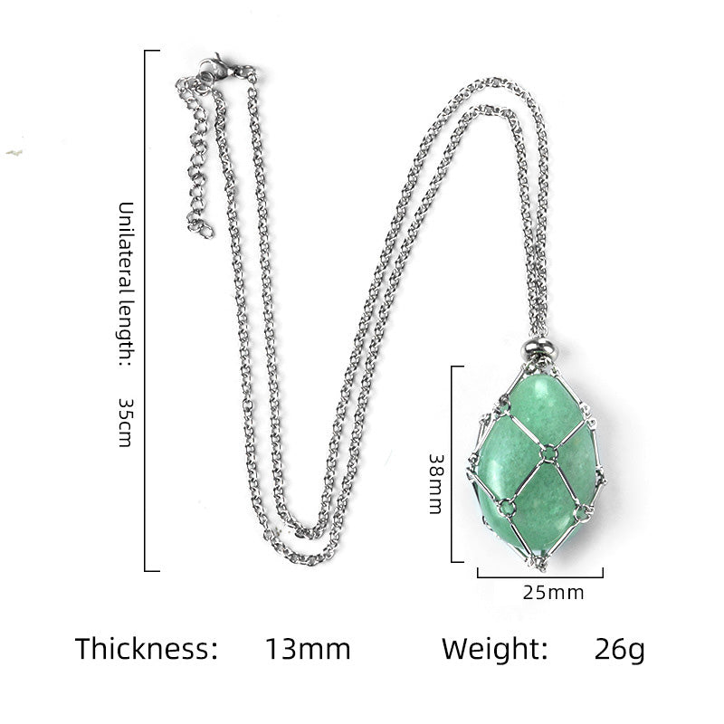 A green aventurine egg pendant necklace showing its dimensions in millimeters
