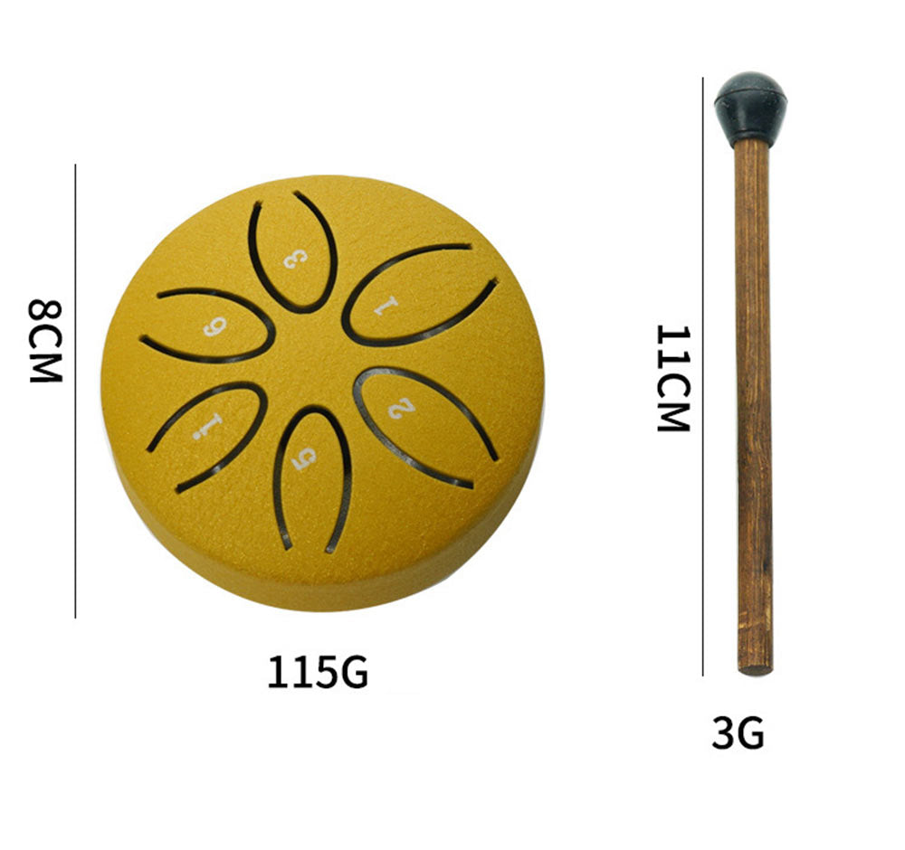 A yellow mini steel tongue drum showing dimensions of 8cm diameter and 115g weight