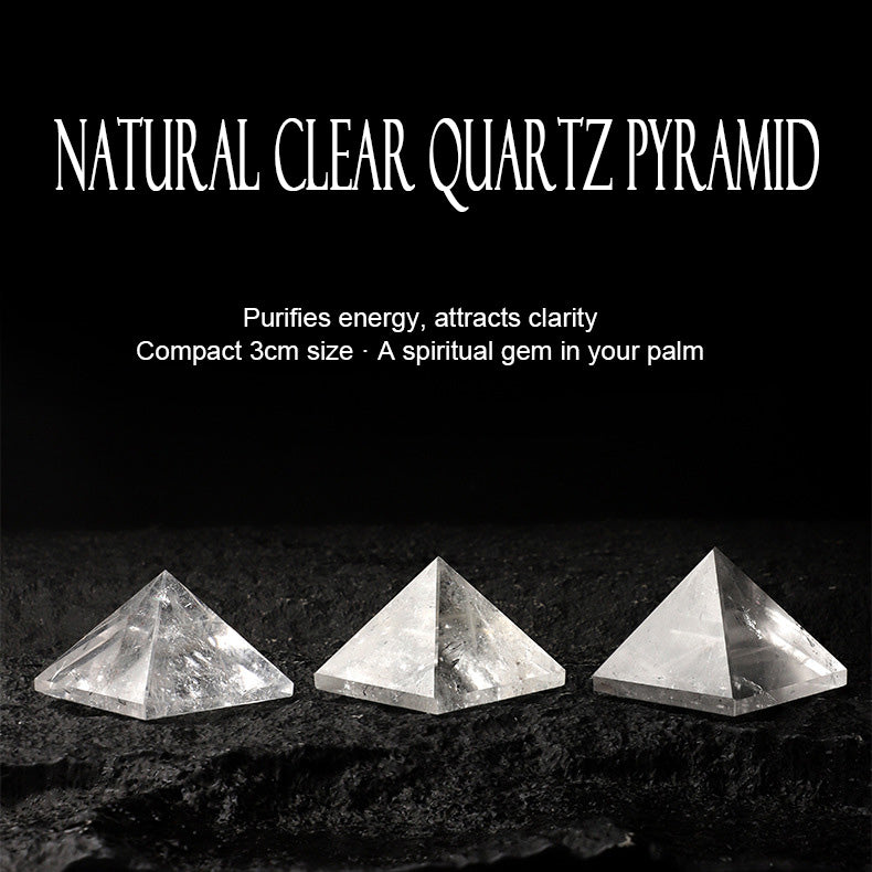 Three natural clear quartz pyramids on a dark rock with text describing their benefits.