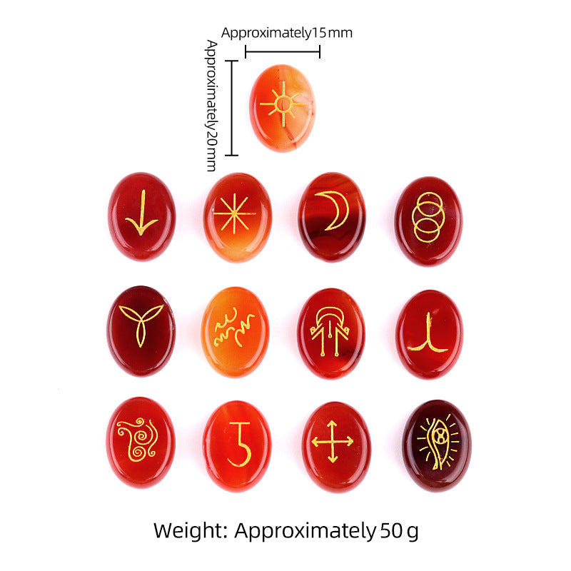 A set of 13 red agate Witch's Runes showing dimensions of approximately 20mm by 15mm
