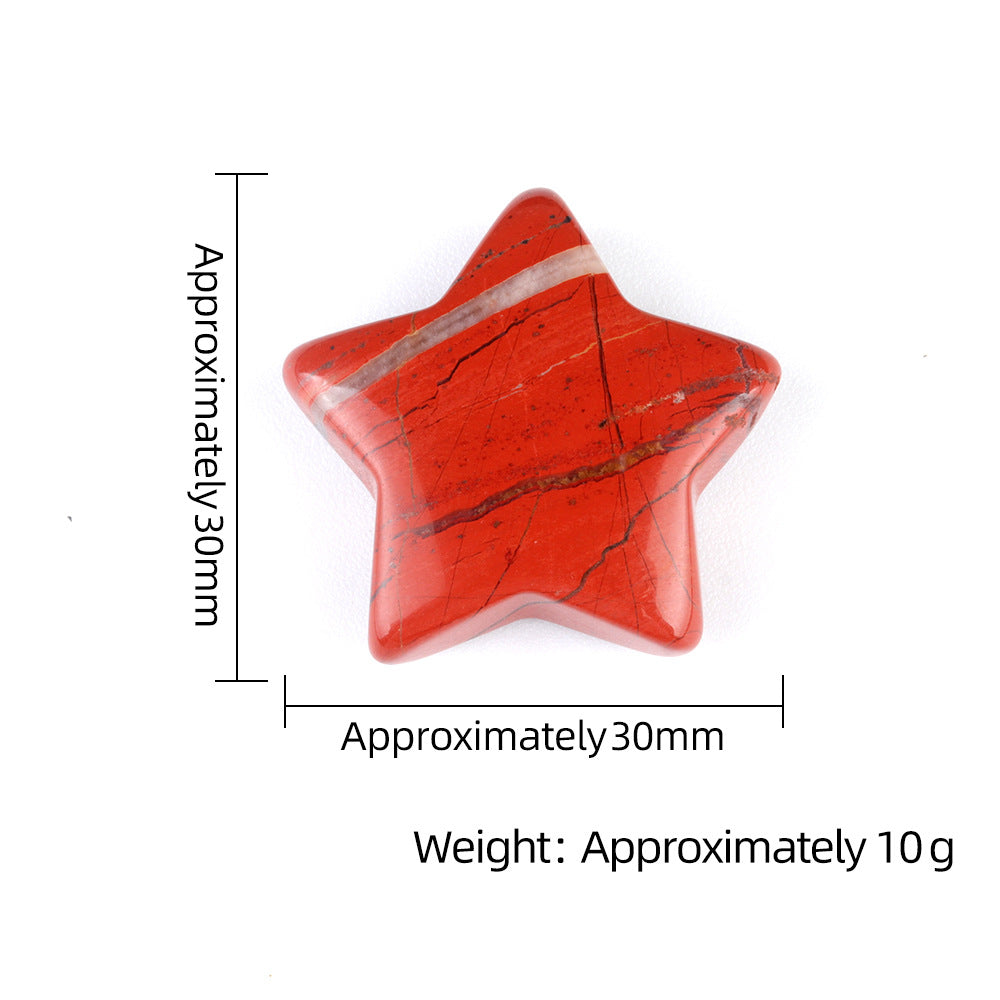 A polished red jasper crystal star showing approximate dimensions of 30mm by 30mm