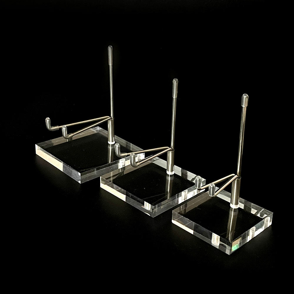 Three different sizes of acrylic and metal display stands for crystals and minerals
