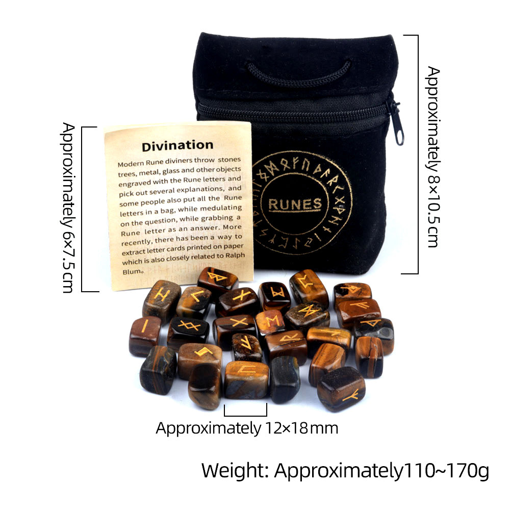 A tiger's eye rune set showing the size dimensions of the stones, pouch, and guide card.