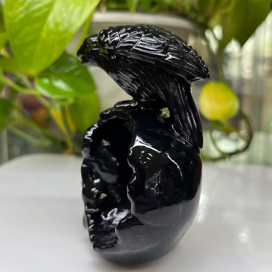 Obsidian Skull & Raven Figurine