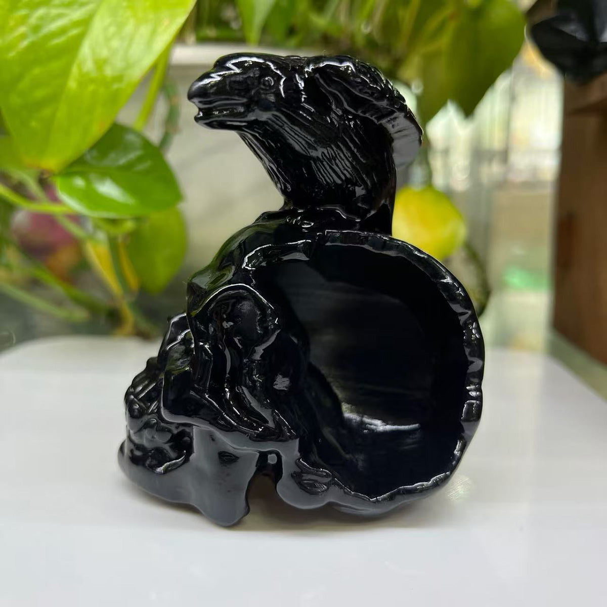 Obsidian Skull & Raven Figurine