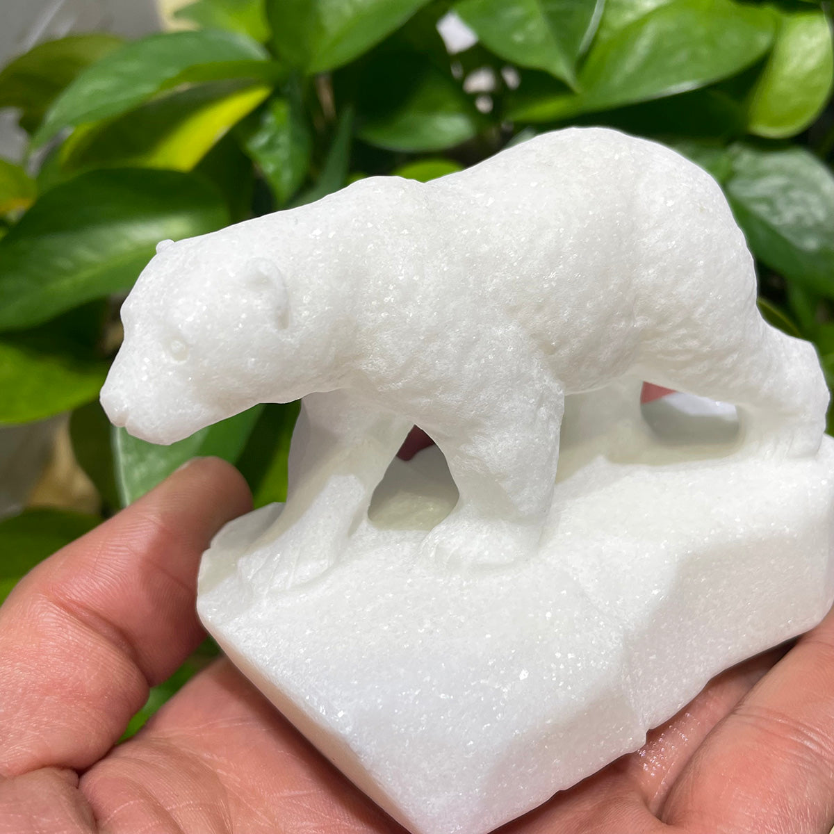 White Marble Polar Bear Natural Crystals Figurine in Decor Handcraft Healing Stone