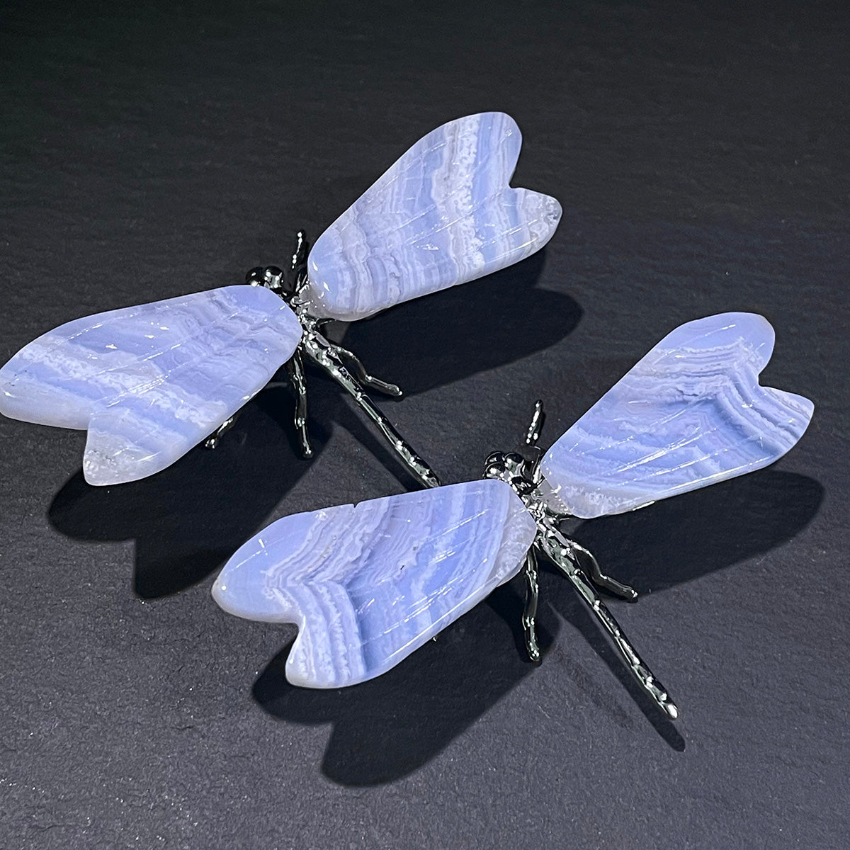 Elegant Dragonfly Ornament with Polished Blue Lace Agate Wings