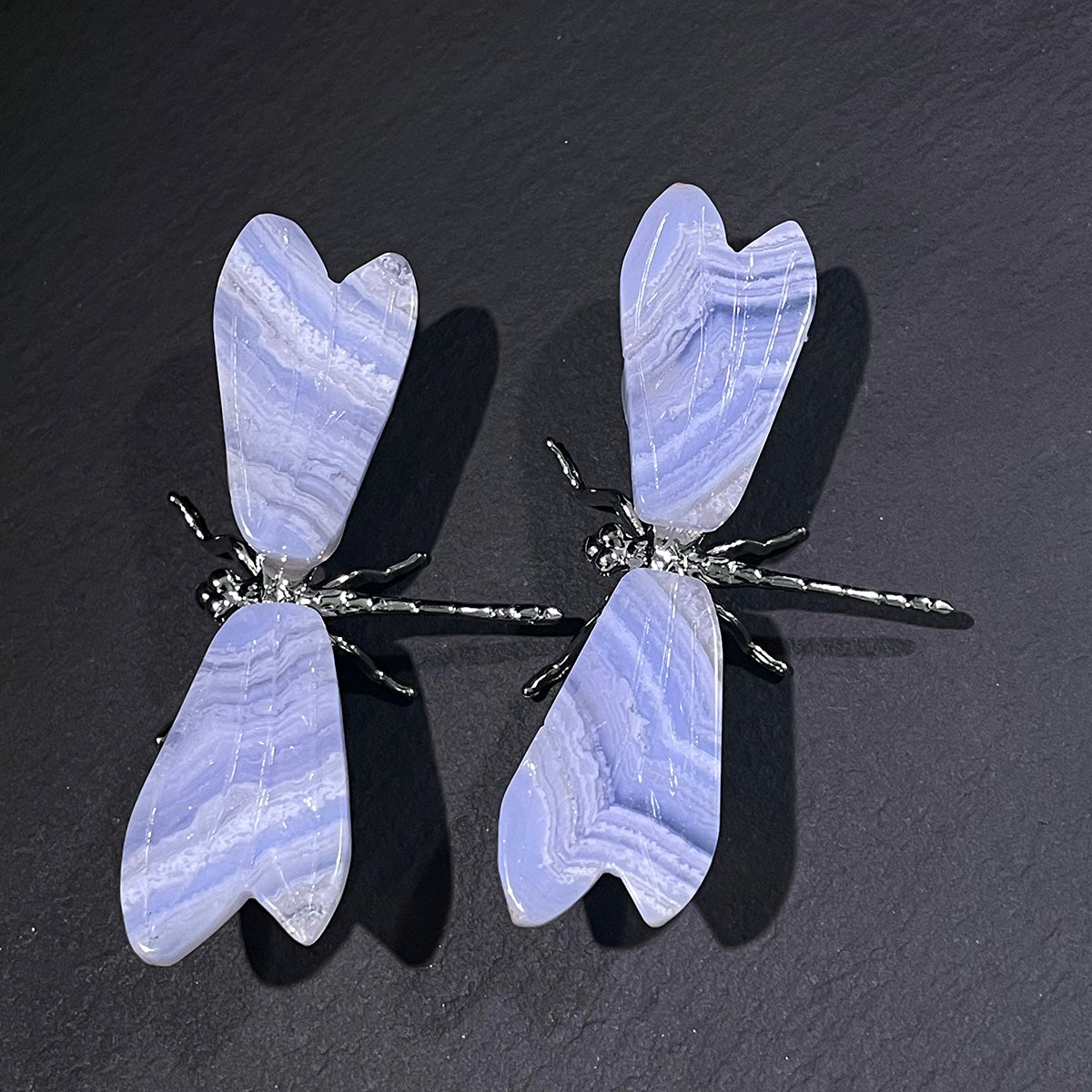 Elegant Dragonfly Ornament with Polished Blue Lace Agate Wings