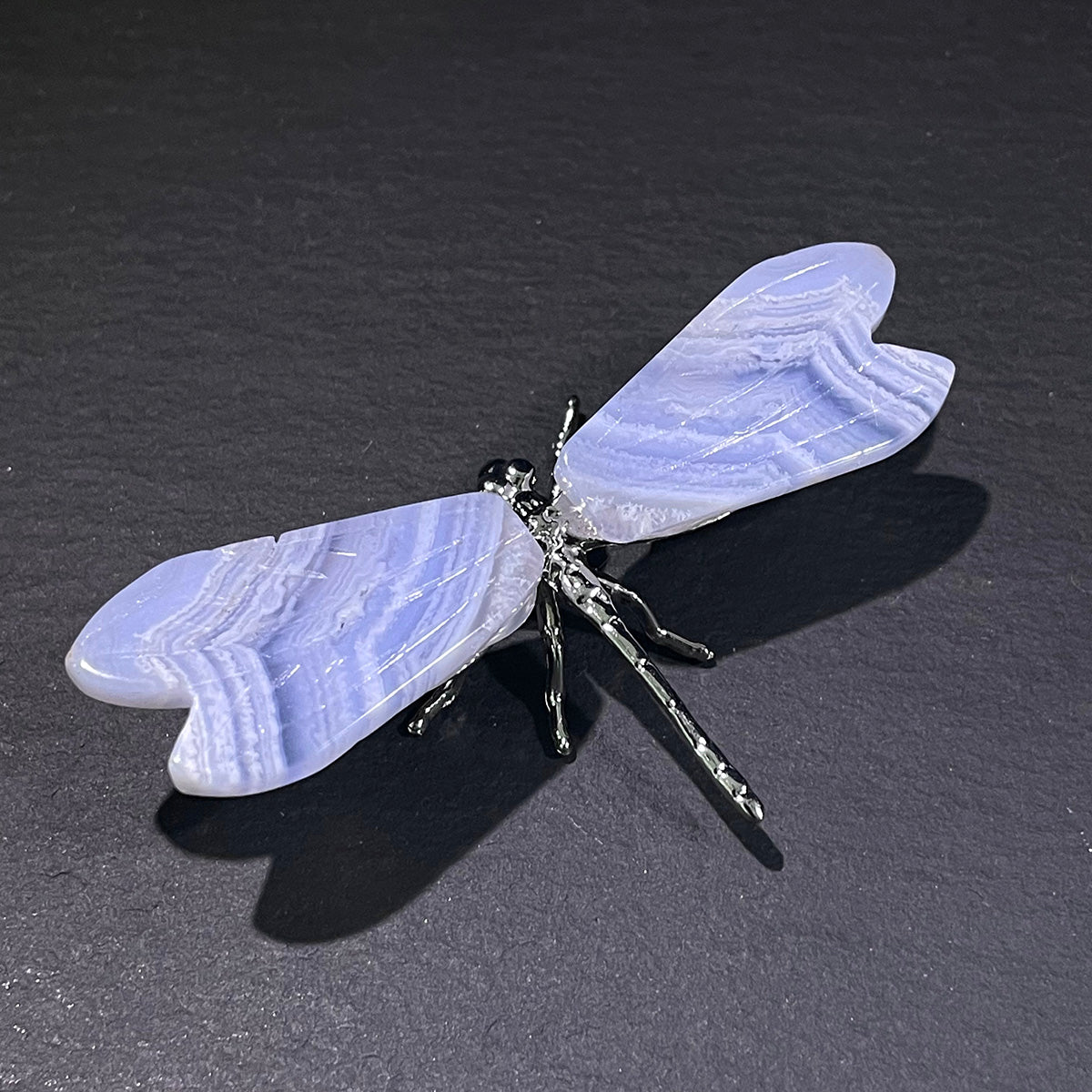 Elegant Dragonfly Ornament with Polished Blue Lace Agate Wings