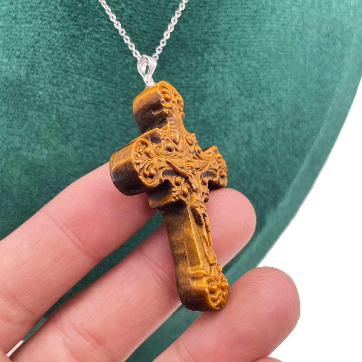 Tiger Eye Cross Pendant Sterling Silver Necklace Healing Stone Crystal