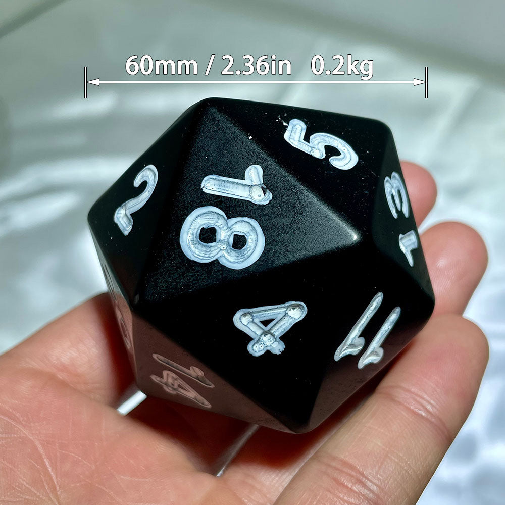 Giant 60mm Natural Black Obsidian D20 Dice – Hand-Carved Gemstone Polyhedral Die
