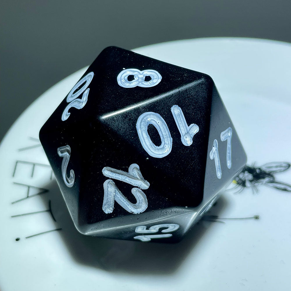 Giant 60mm Natural Black Obsidian D20 Dice – Hand-Carved Gemstone Polyhedral Die