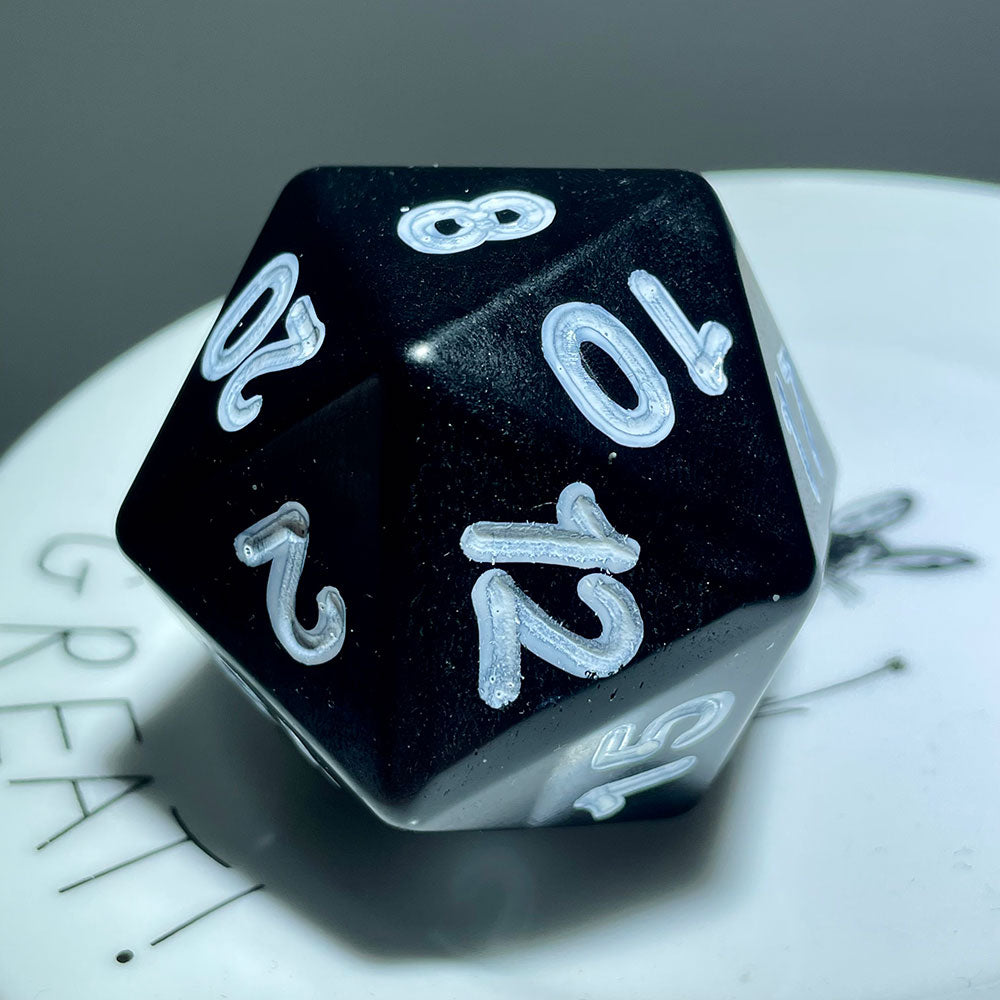 Giant 60mm Natural Black Obsidian D20 Dice – Hand-Carved Gemstone Polyhedral Die
