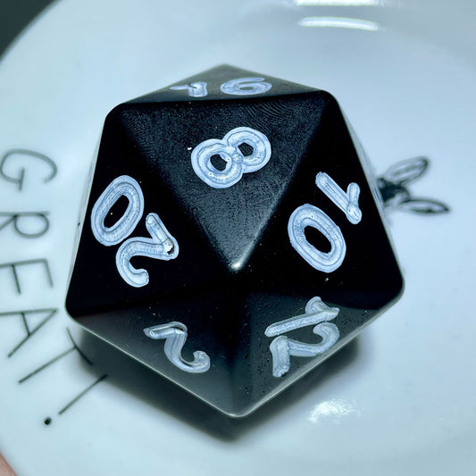 Giant 60mm Natural Black Obsidian D20 Dice – Hand-Carved Gemstone Polyhedral Die