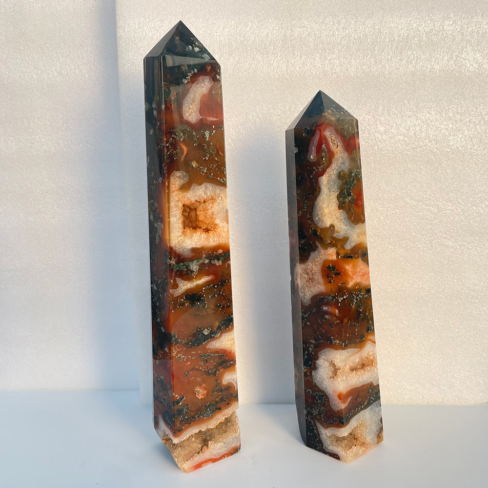 Pair of Large Red Moss Agate Towers with Druzy – Natural Stone Obelisks (33cm & 28cm)