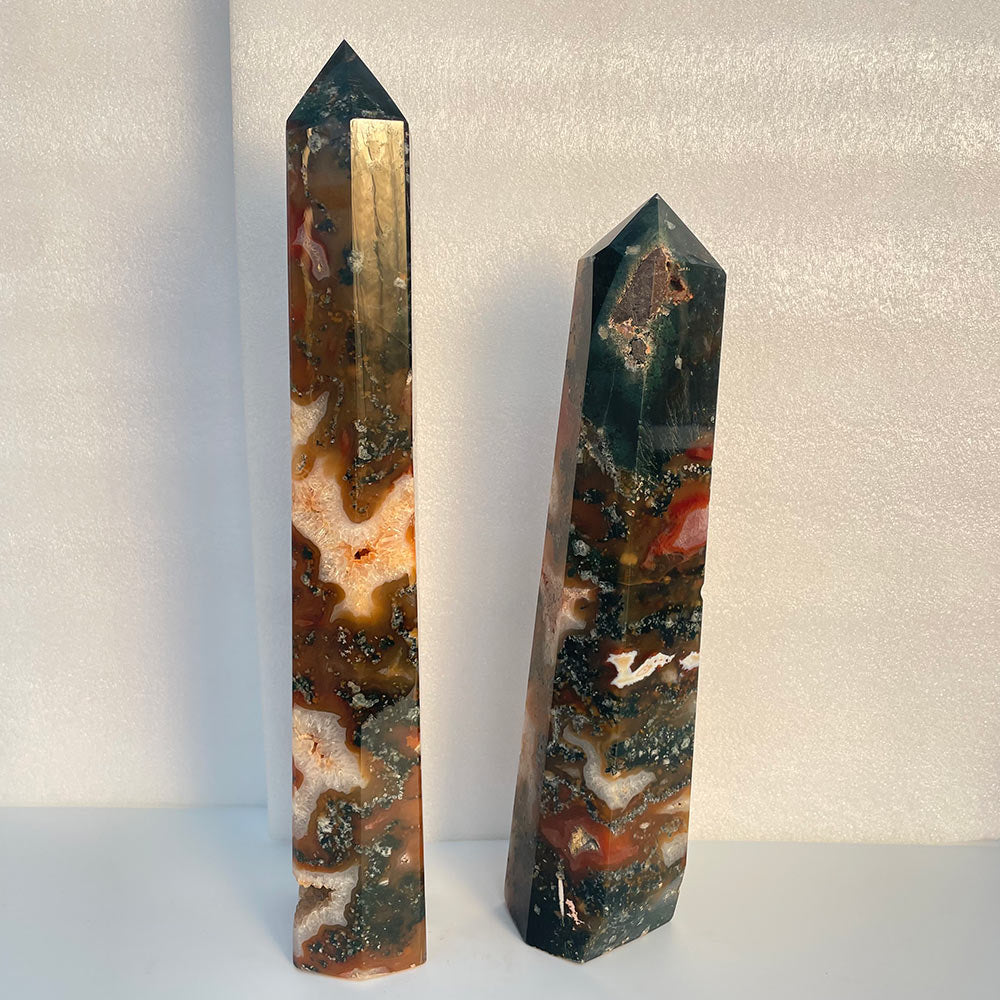 Pair of Large Red Moss Agate Towers with Druzy – Natural Stone Obelisks (33cm & 28cm)