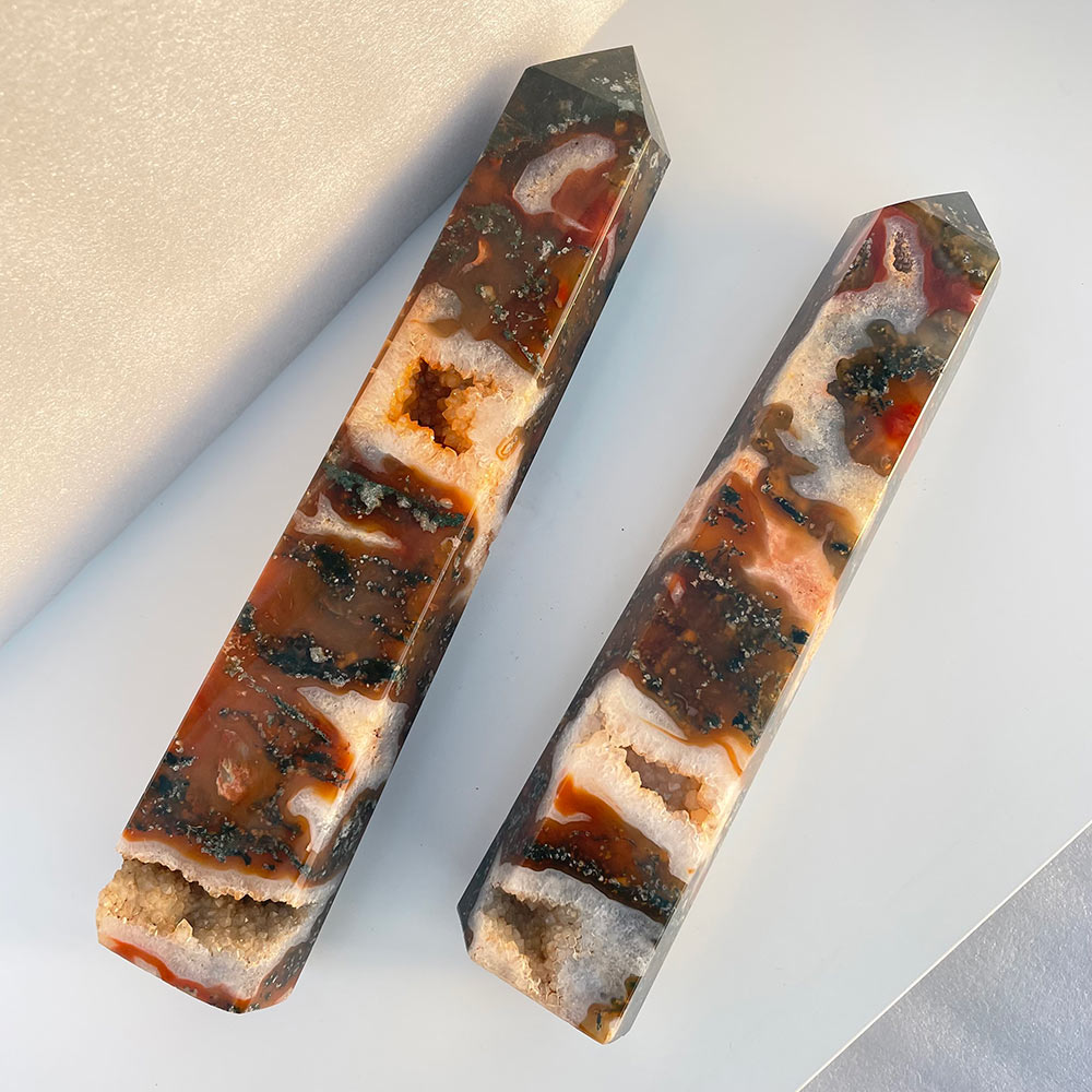Pair of Large Red Moss Agate Towers with Druzy – Natural Stone Obelisks (33cm & 28cm)