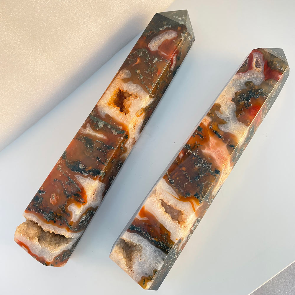 Pair of Large Red Moss Agate Towers with Druzy – Natural Stone Obelisks (33cm & 28cm)