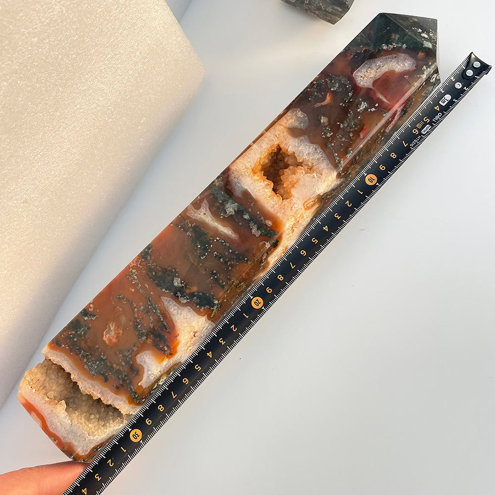 Pair of Large Red Moss Agate Towers with Druzy – Natural Stone Obelisks (33cm & 28cm)