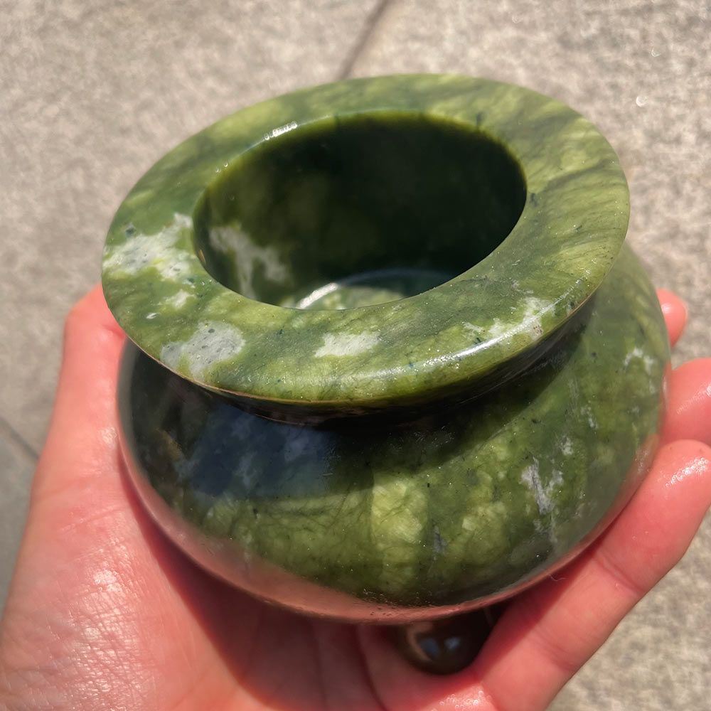 Green Serpentine Crystal Cauldron - Carved Stone Witch's Altar Bowl