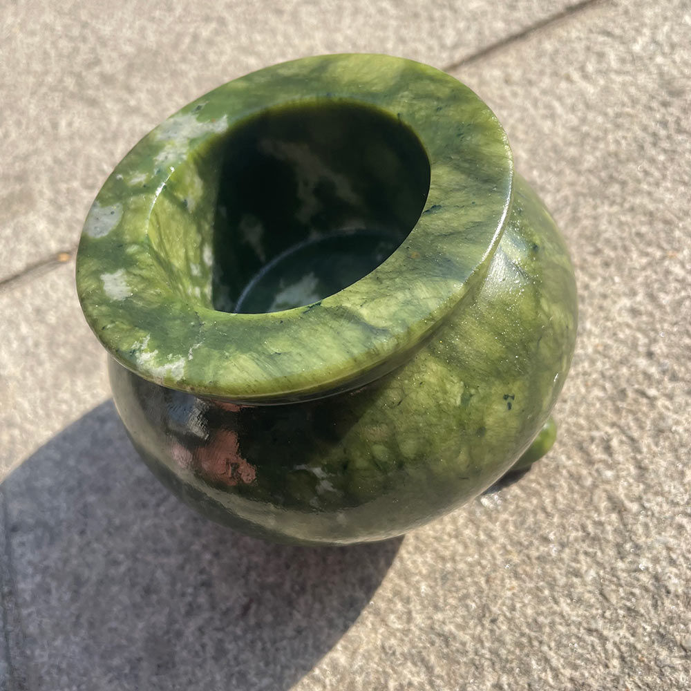 Green Serpentine Crystal Cauldron - Carved Stone Witch's Altar Bowl