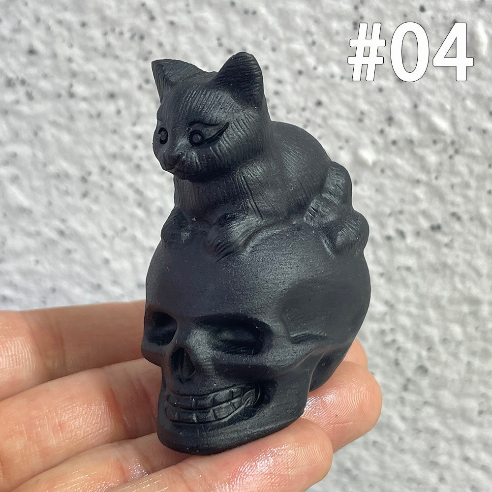 Crystal Skull with Animal Totem | Black Obsidian Carving
