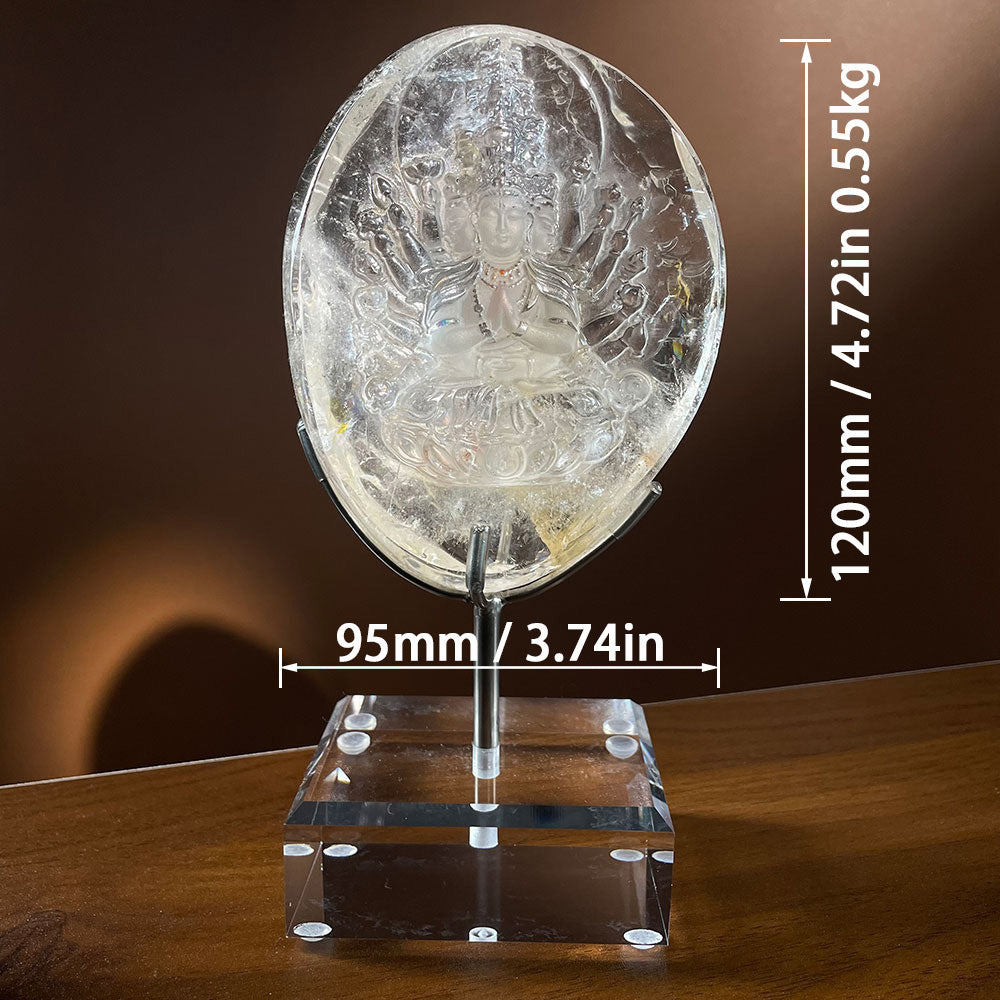 Natural Clear Quartz Thousand-Hand Buddha Carving - Rare Fire Quartz Detail