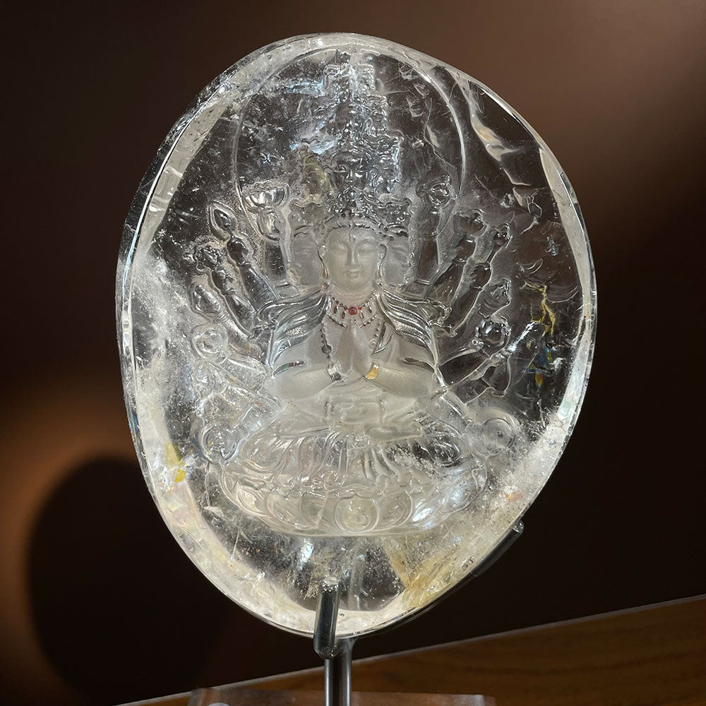 Natural Clear Quartz Thousand-Hand Buddha Carving - Rare Fire Quartz Detail
