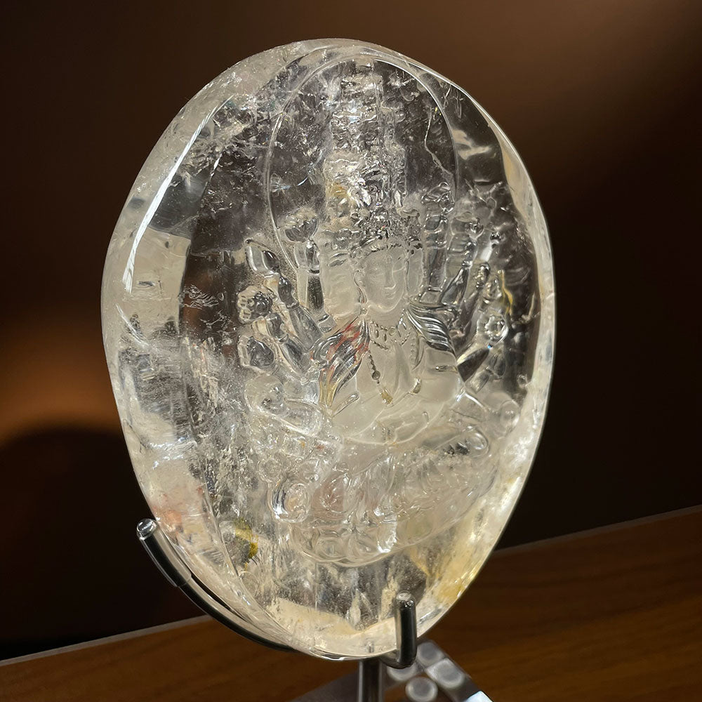 Natural Clear Quartz Thousand-Hand Buddha Carving - Rare Fire Quartz Detail