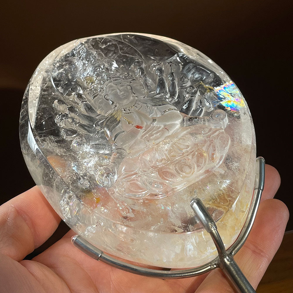 Natural Clear Quartz Thousand-Hand Buddha Carving - Rare Fire Quartz Detail