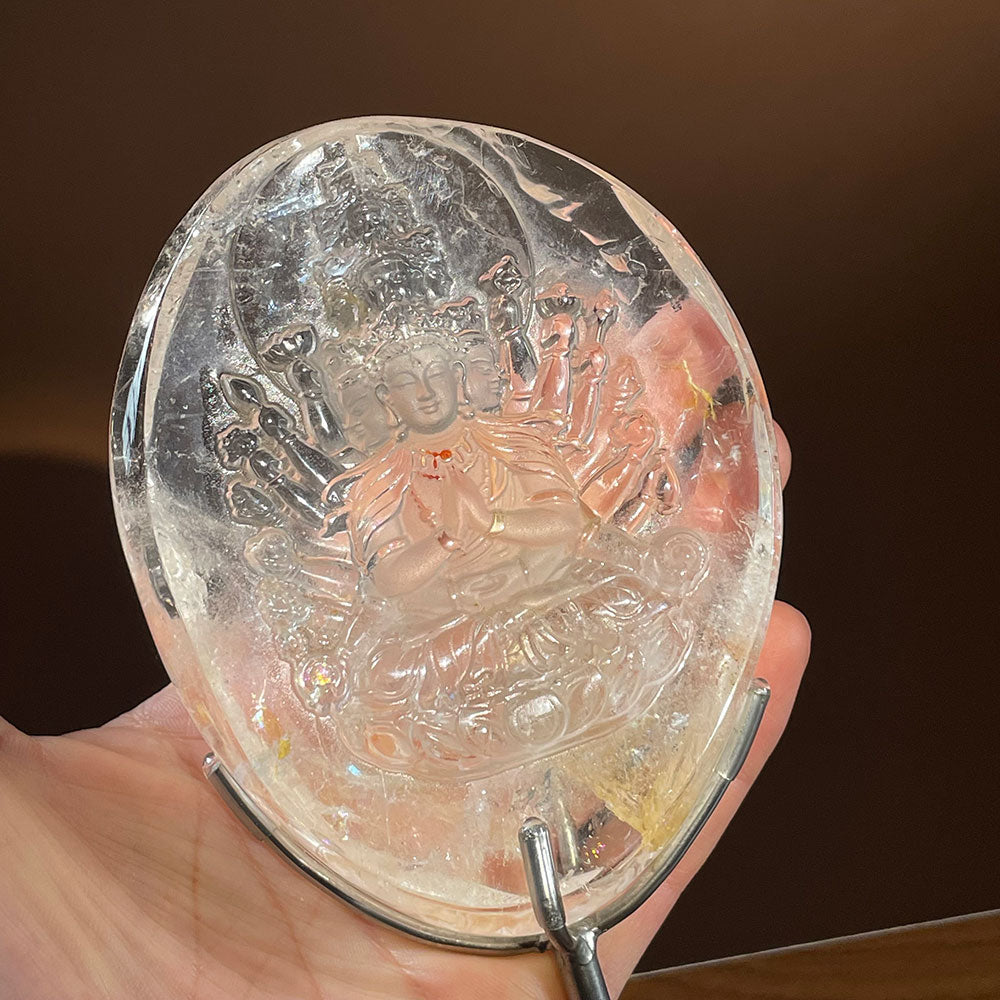 Natural Clear Quartz Thousand-Hand Buddha Carving - Rare Fire Quartz Detail
