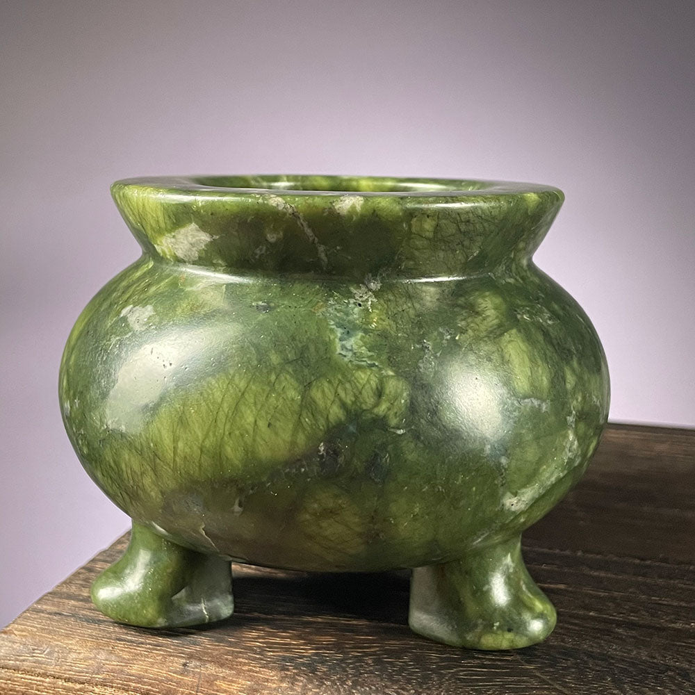 Large Natural Serpentine Crystal Cauldron - Heavy Green Altar Bowl (1.1kg)