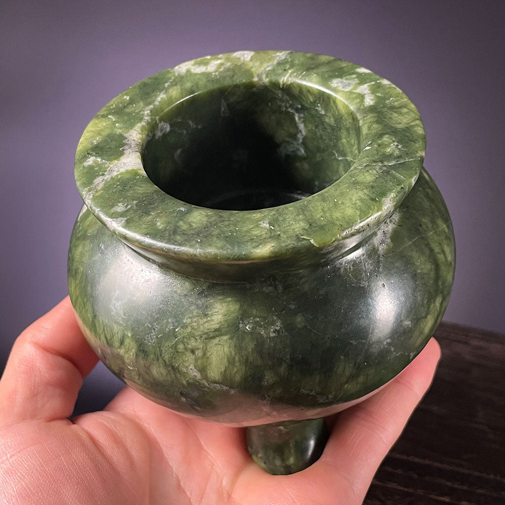 Large Natural Serpentine Crystal Cauldron - Heavy Green Altar Bowl (1.1kg)